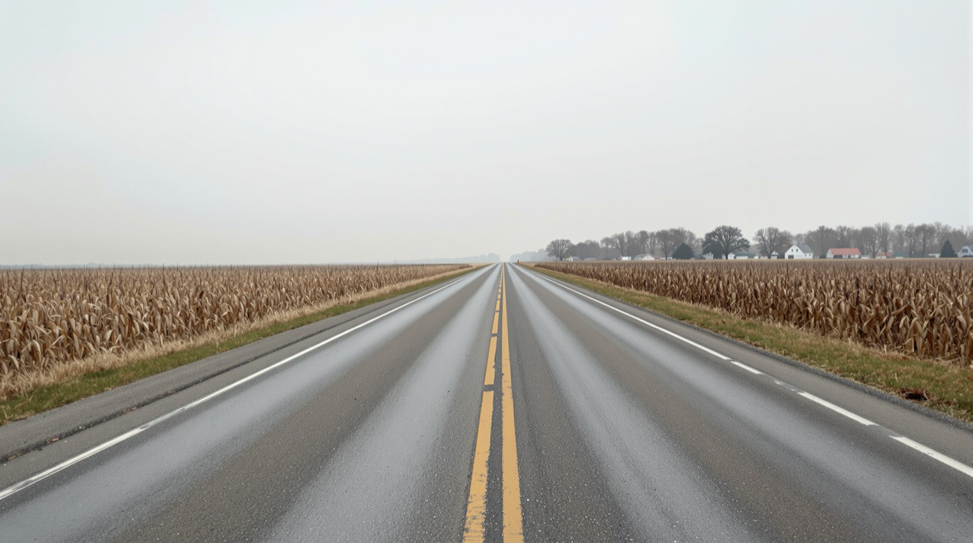 An empty two-lane country road running straight between harvested cornfields under a flat grey sky, a few farmhouses on the horizon.