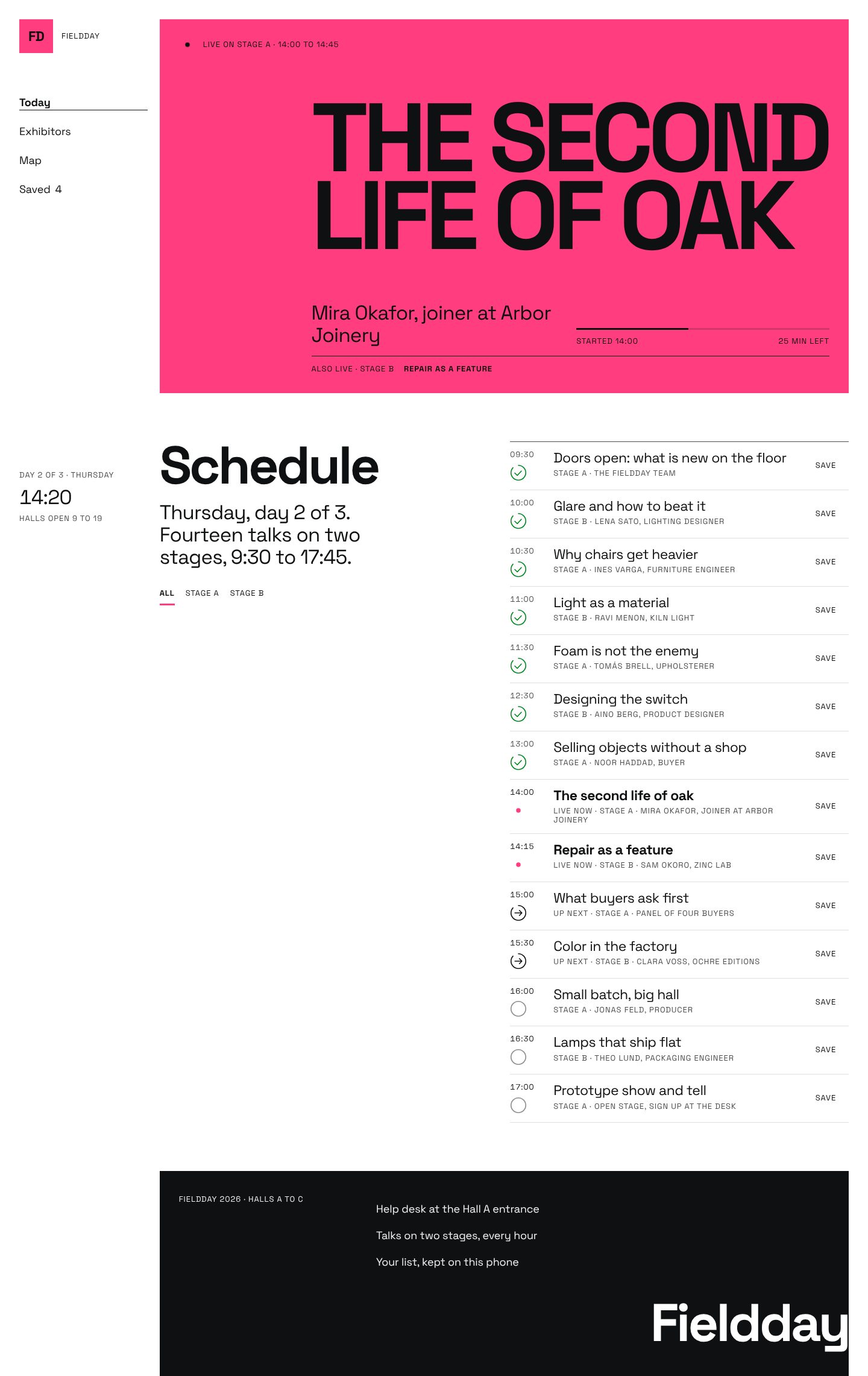 The full Fieldday home page, top to bottom