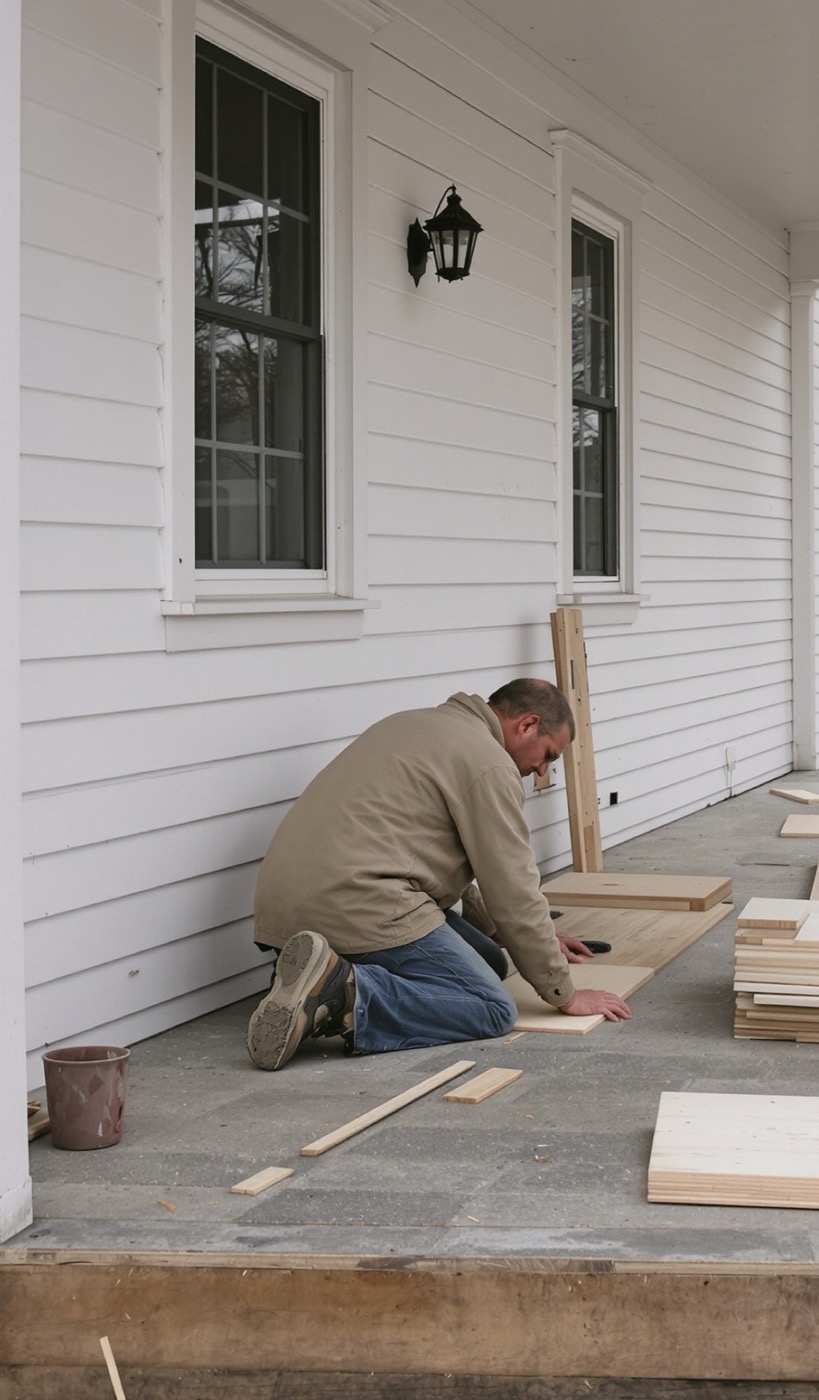 A carpenter kneeling on the floor of an older white clapboard porch, fitting new pine boards, a stack of boards beside him