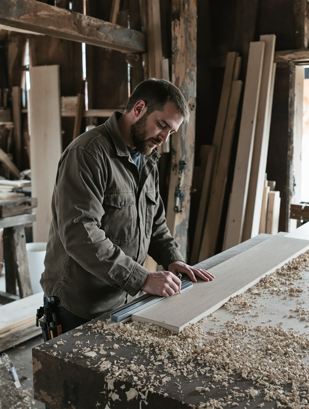 A carpenter at a heavy workbench in an old barn, one hand flat on a pine board while the other draws a pencil line along a straightedge, shavings on the bench