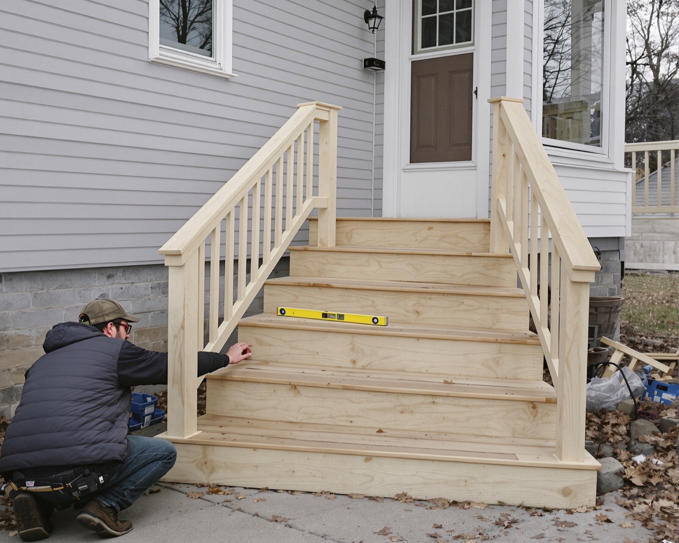 New unpainted wooden front steps and handrail on a grey clapboard house, a spirit level on a tread and a carpenter crouching beside them