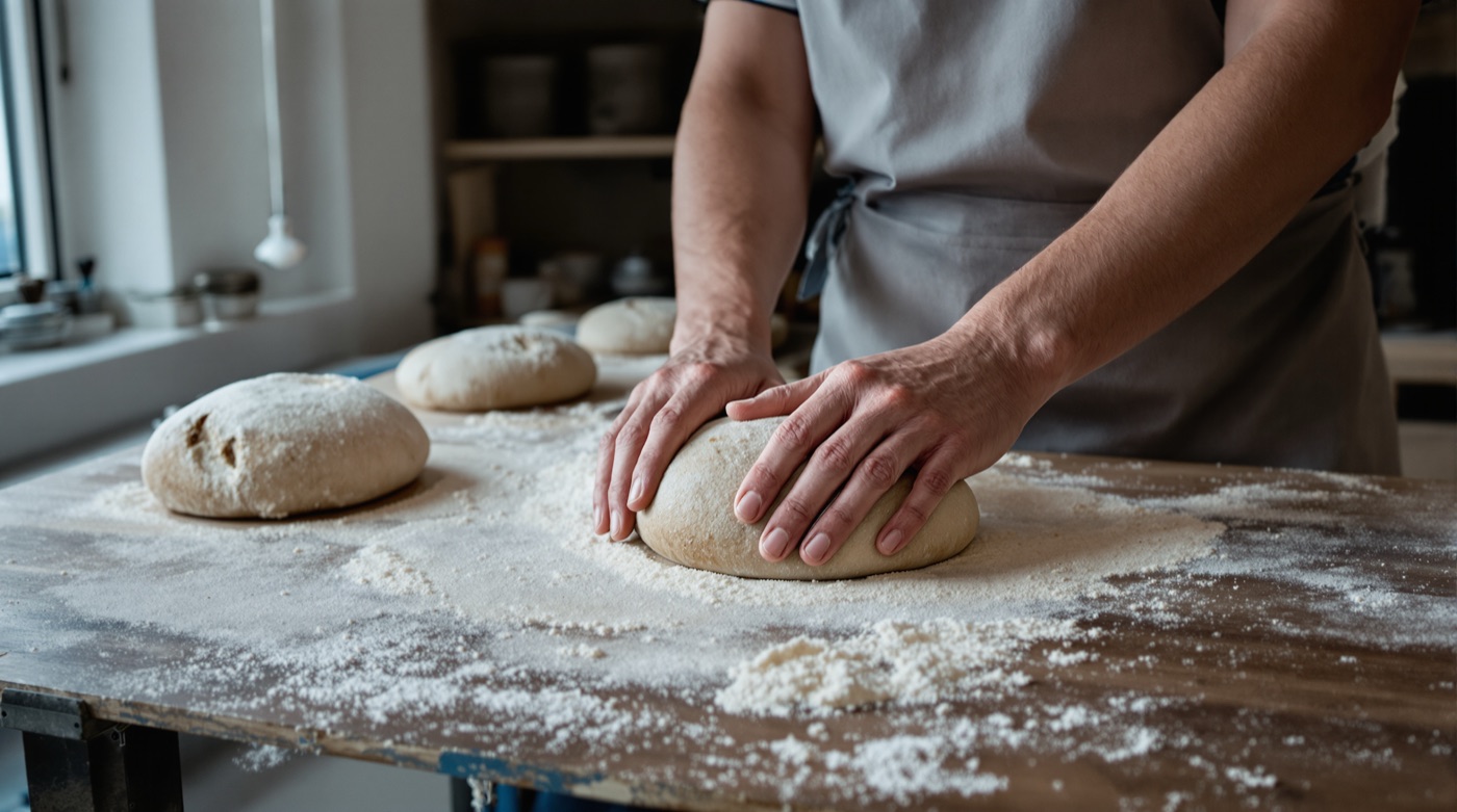 Two hands shaping a round of dough on a floured wooden bench, more shaped loaves resting beside it