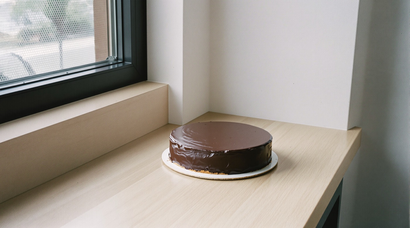 A whole round chocolate cake with a smooth glaze on a card board, on a pale wooden counter beside a window