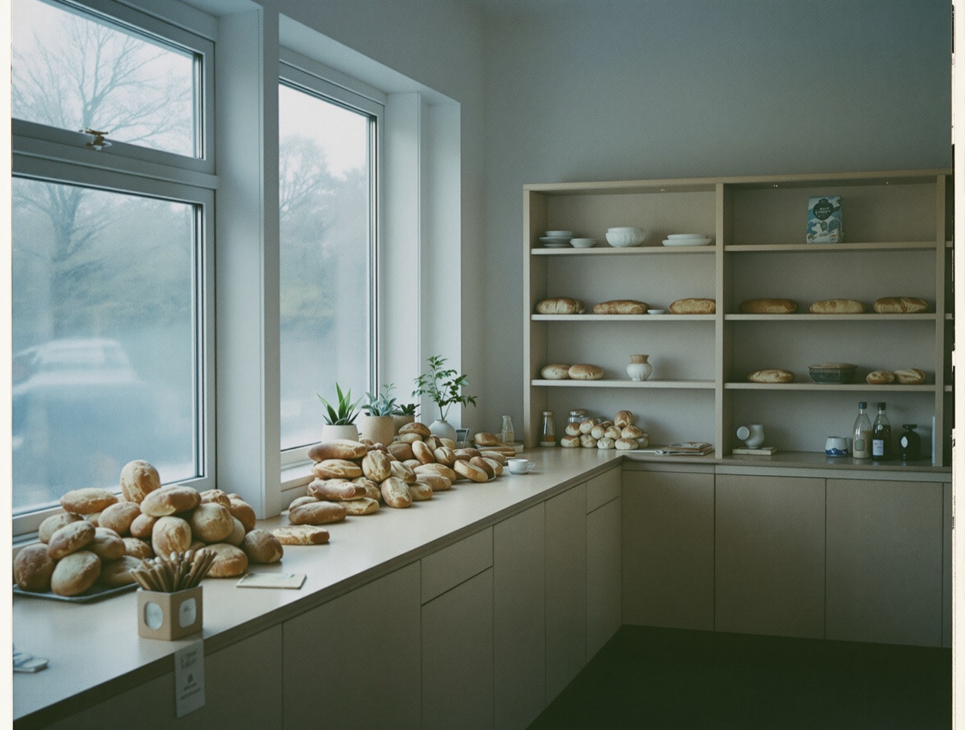 An empty bakery counter in early grey light, rolls piled by the window and loaves on pale wooden shelves