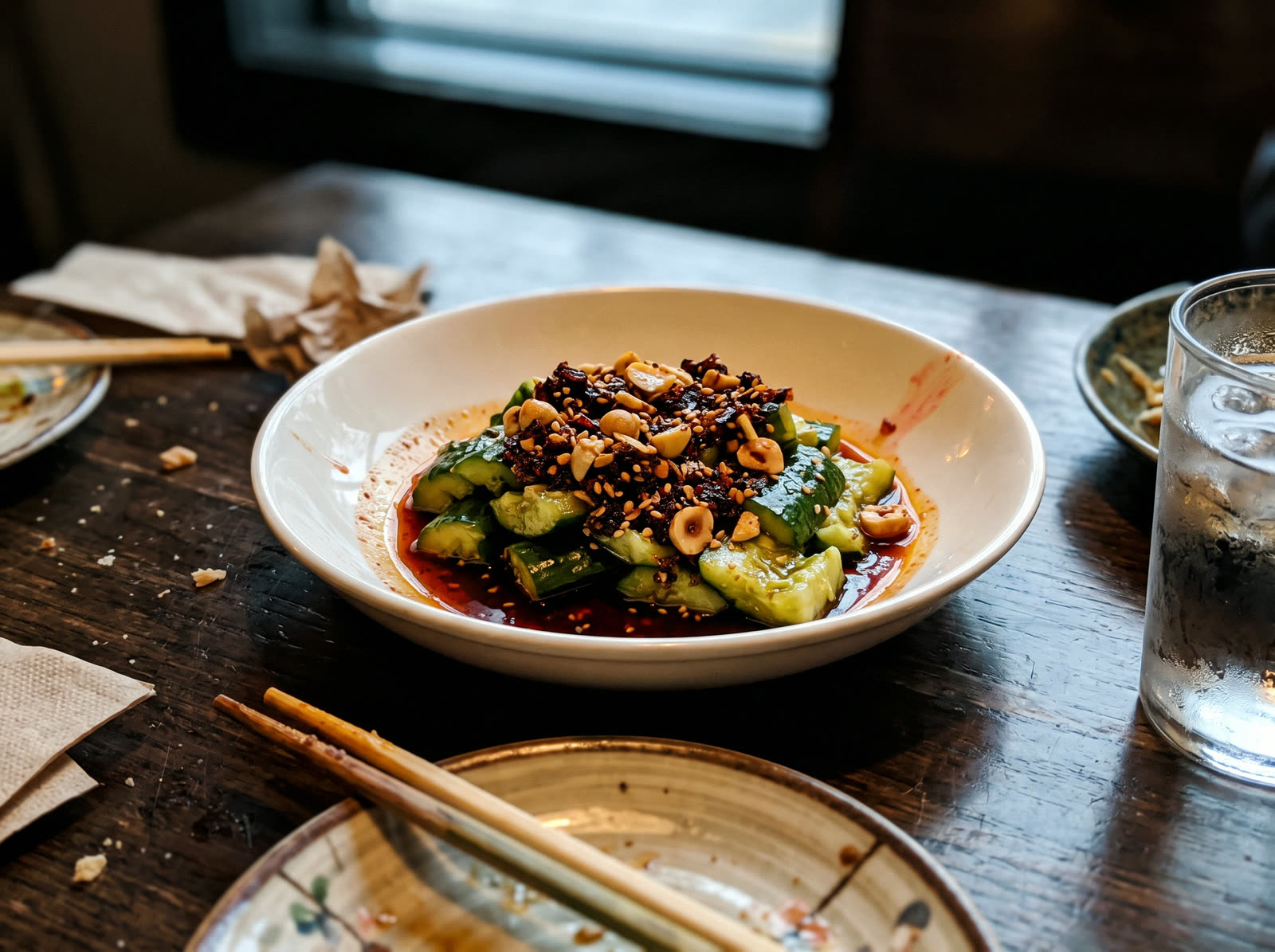 Smashed cucumber with chili crisp, hazelnuts and sesame in a white bowl