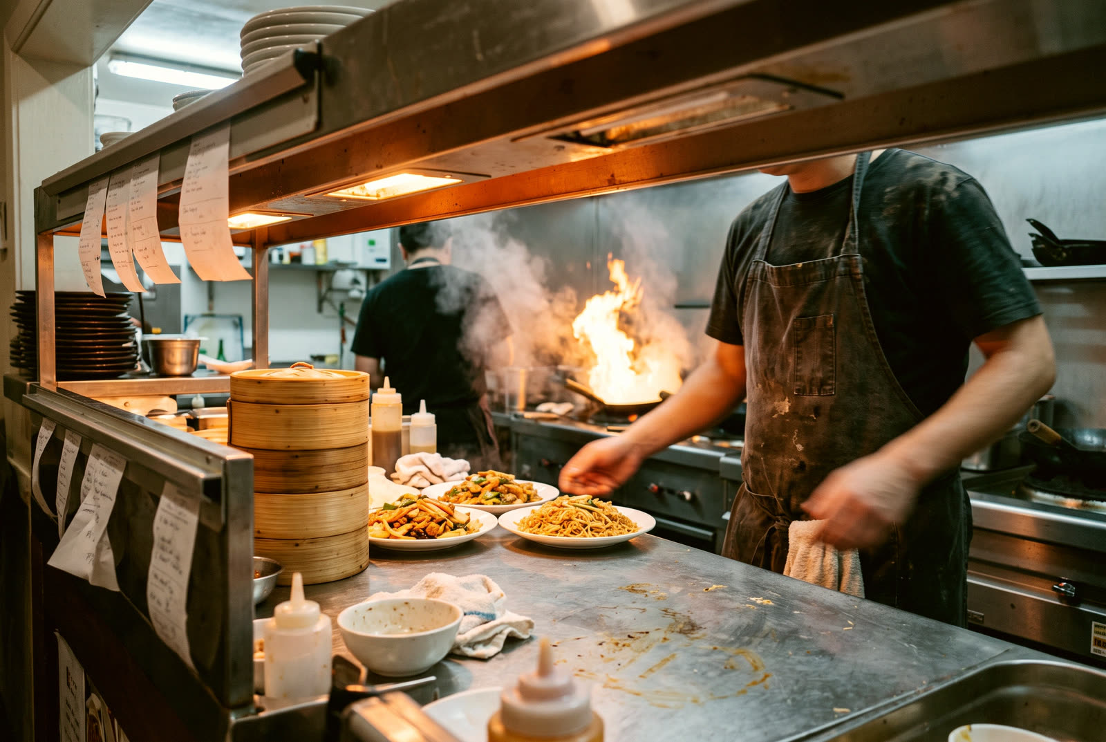 A kitchen pass at dinner with steamer baskets, plates under heat lamps and a cook at the wok