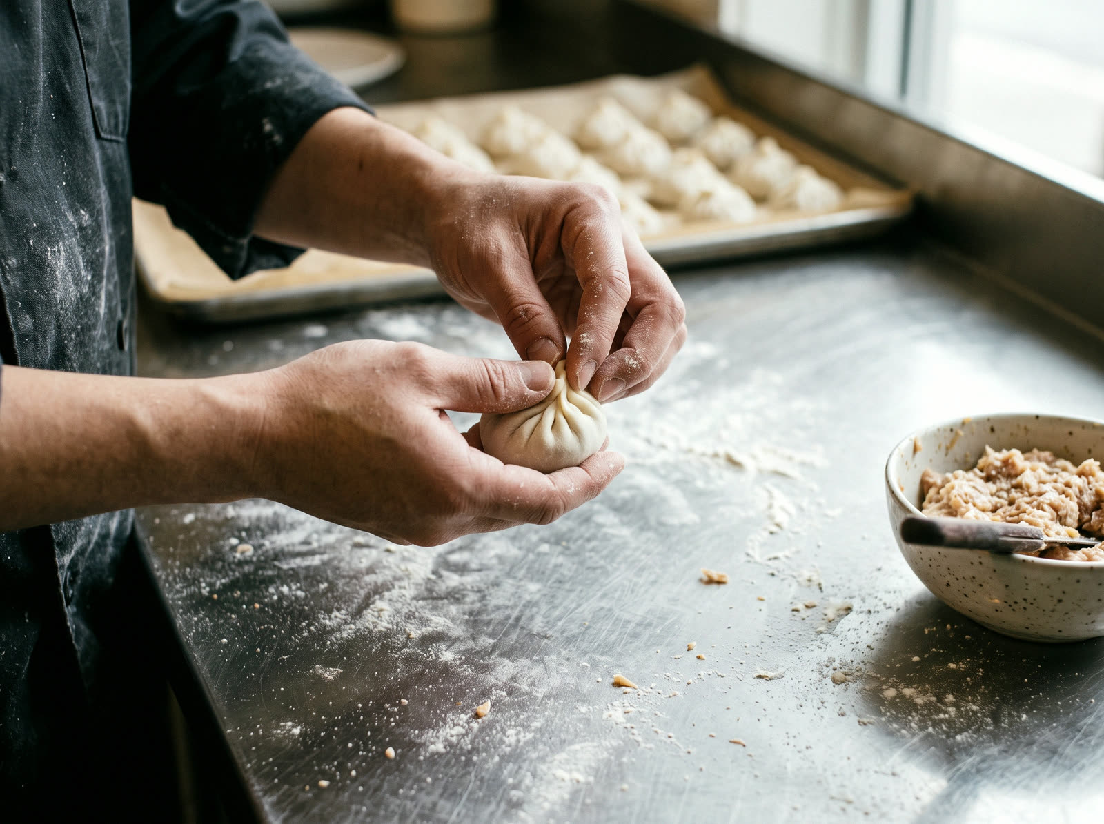 Hands folding a soup dumpling on a floured steel counter