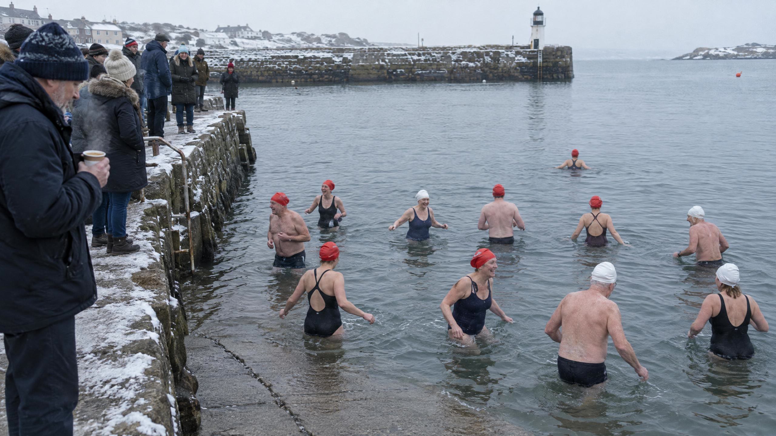 Swimmers in red and white caps laughing as they wade off the slipway in December, with a crowd in winter coats on the snowy quay, one holding a cup of soup
