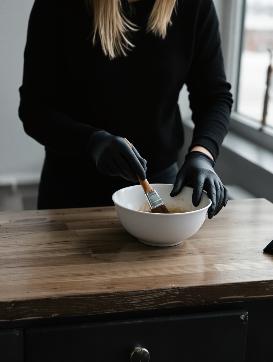 Gloved hands mixing brown hair color with a tint brush in a white bowl on a worn wooden counter