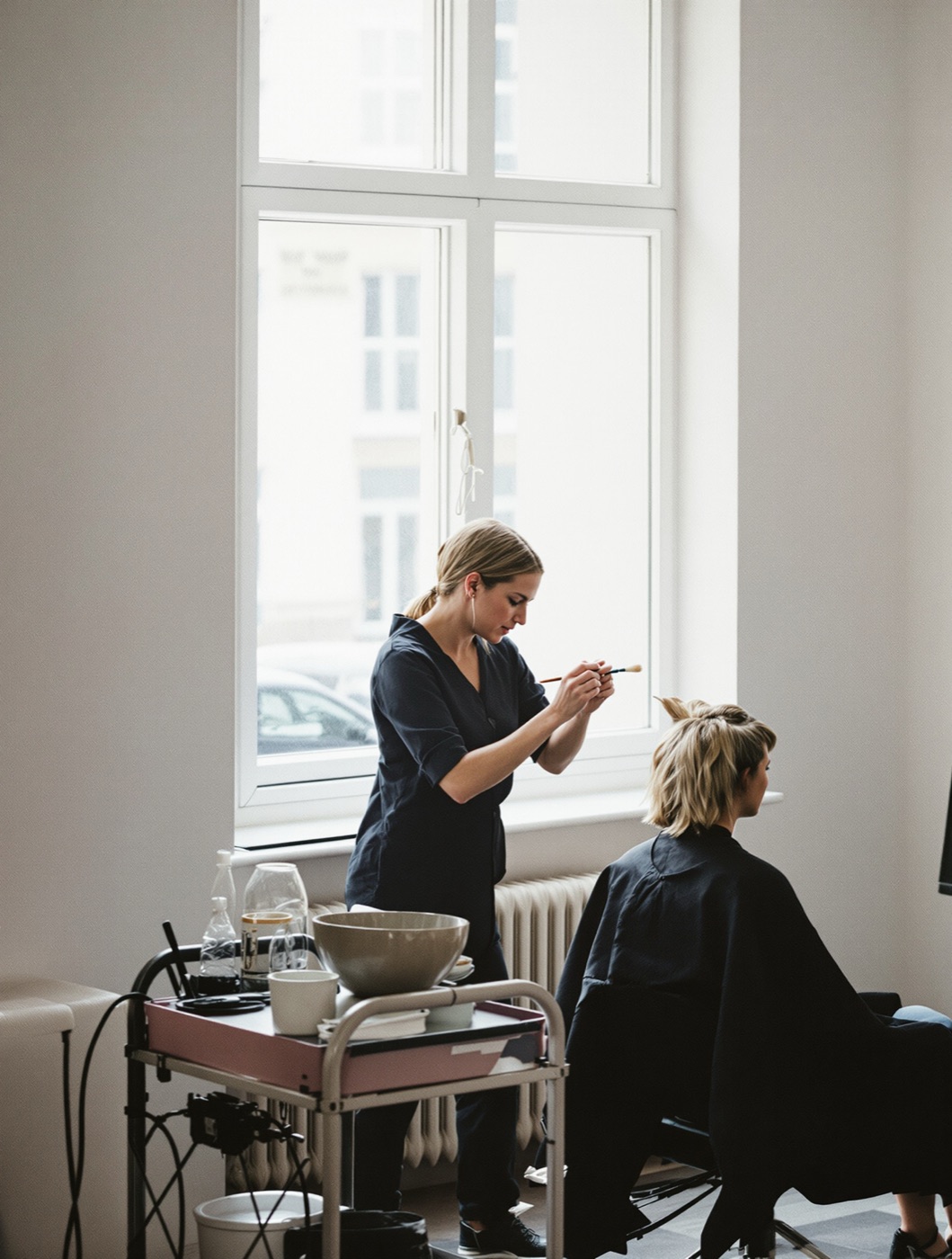 A hairdresser with a tint brush beside a seated client at a tall window, a trolley of bowls in front